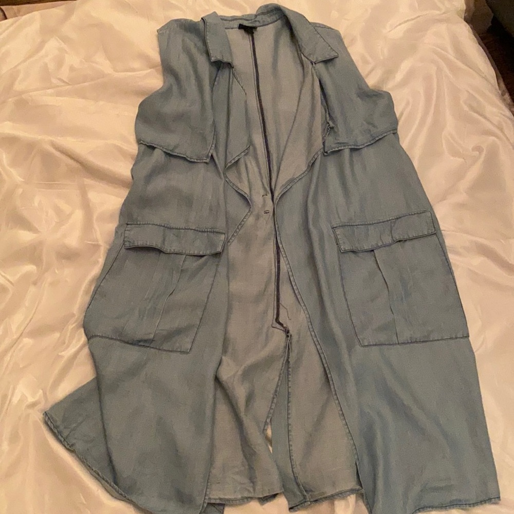 Chambray long line vest with belt